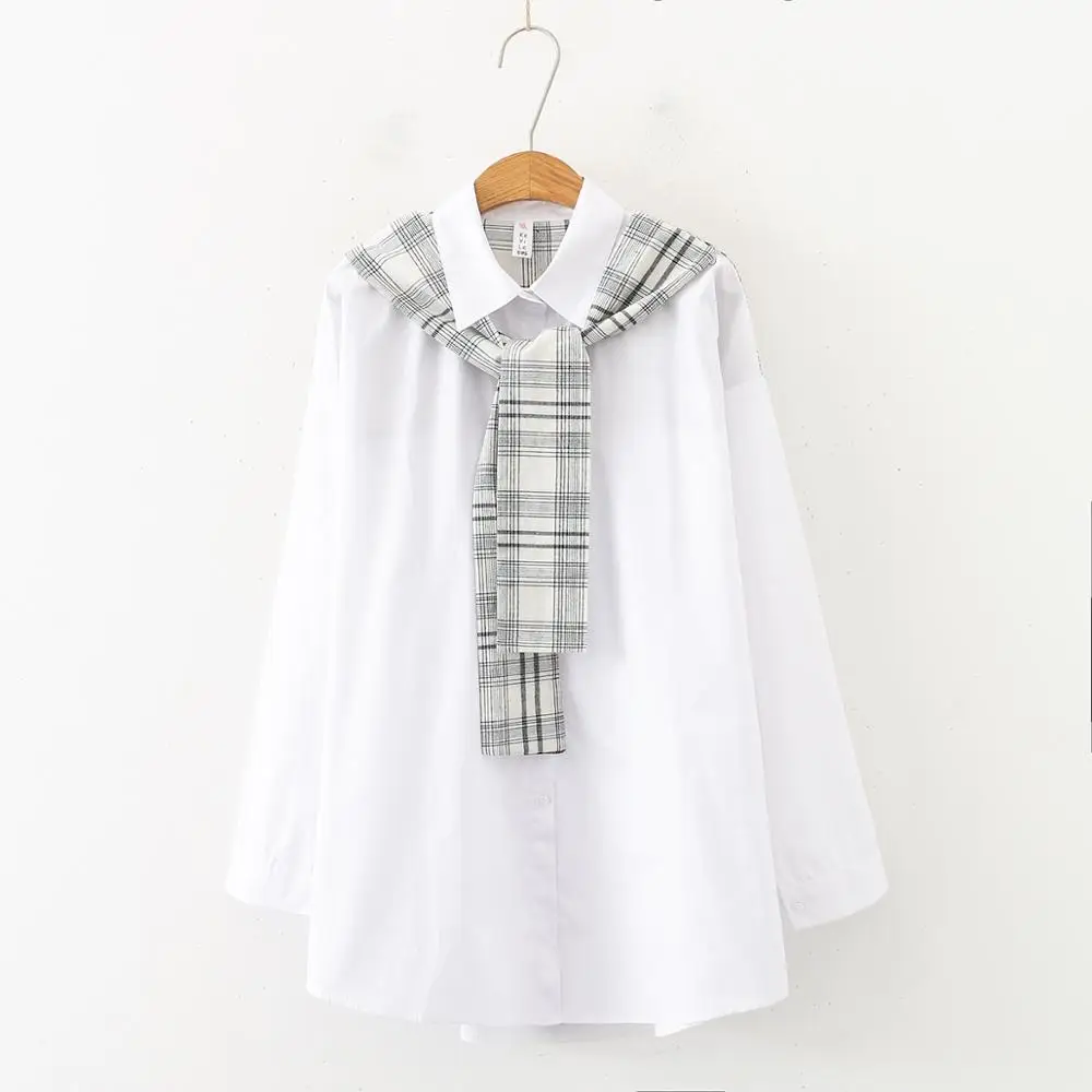 White- Black Plaid Новое поступление, Женская белая рубашка в клетку с отложным воротником, имитация 2 частей, длинная блуза на пуговицах, повседневная женская блуза T9O901F - Цвет: White- Black Plaid