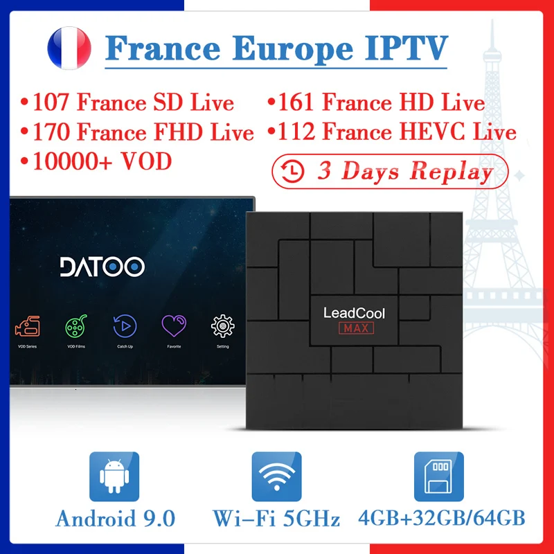

IPTV France Leadcool MAX Smart TV Box Andorid 9.0 With 1 Year DATOO IPTV Subscription IPTV France Arabic Belgium Germany IP TV