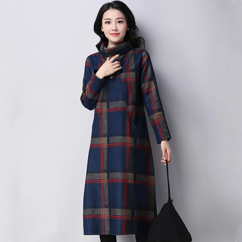 

2019 Autumn Winter Dress Women Vintage Plaid Checked Print Dress High Neck Long Sleeve Side Pocket Long Gowns female Robe Dress