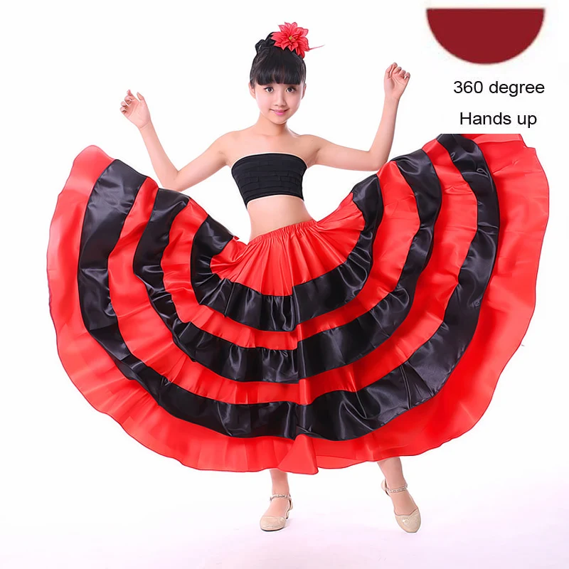 Color4 360degree Высококачественная сатиновая Мягкая красная черная юбка для девочек-подростков, испанское фламенко, полосатая шикарная одежда для бальных танцев, сценическое платье - Цвет: Color4 360degree