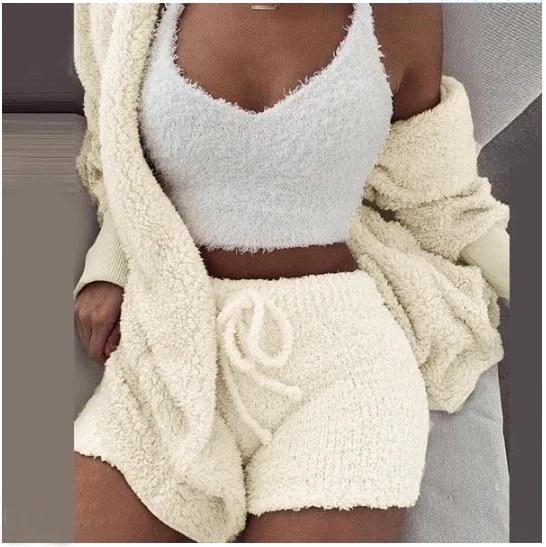 2020 Fluffy Three Piece Set Lounge Sexy 3 Piece Set Women Sweater knit Set Tank Top And Pants Casual Homewear Outfits Home Suit