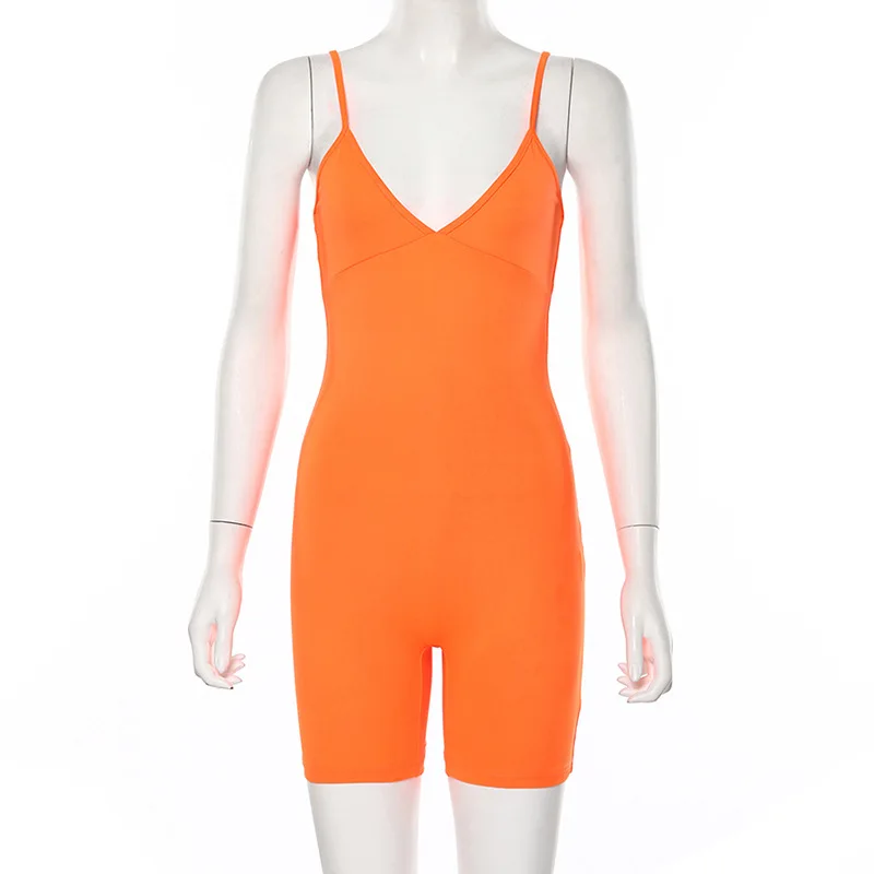 Женский сексуальный комбинезон на бретельках, однотонный эластичный обтягивающий комбинезон, облегающий спортивный костюм для фитнеса, женские Вечерние боди без рукавов - Цвет: Orange