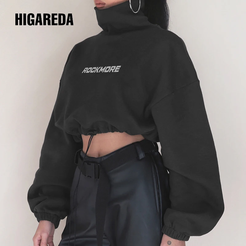 

Turtleneck Oversized Hoodie Women Drawstring Long Sleeve Crop Sweatshirt Ladies Gray Letter Print Pullover Autumn