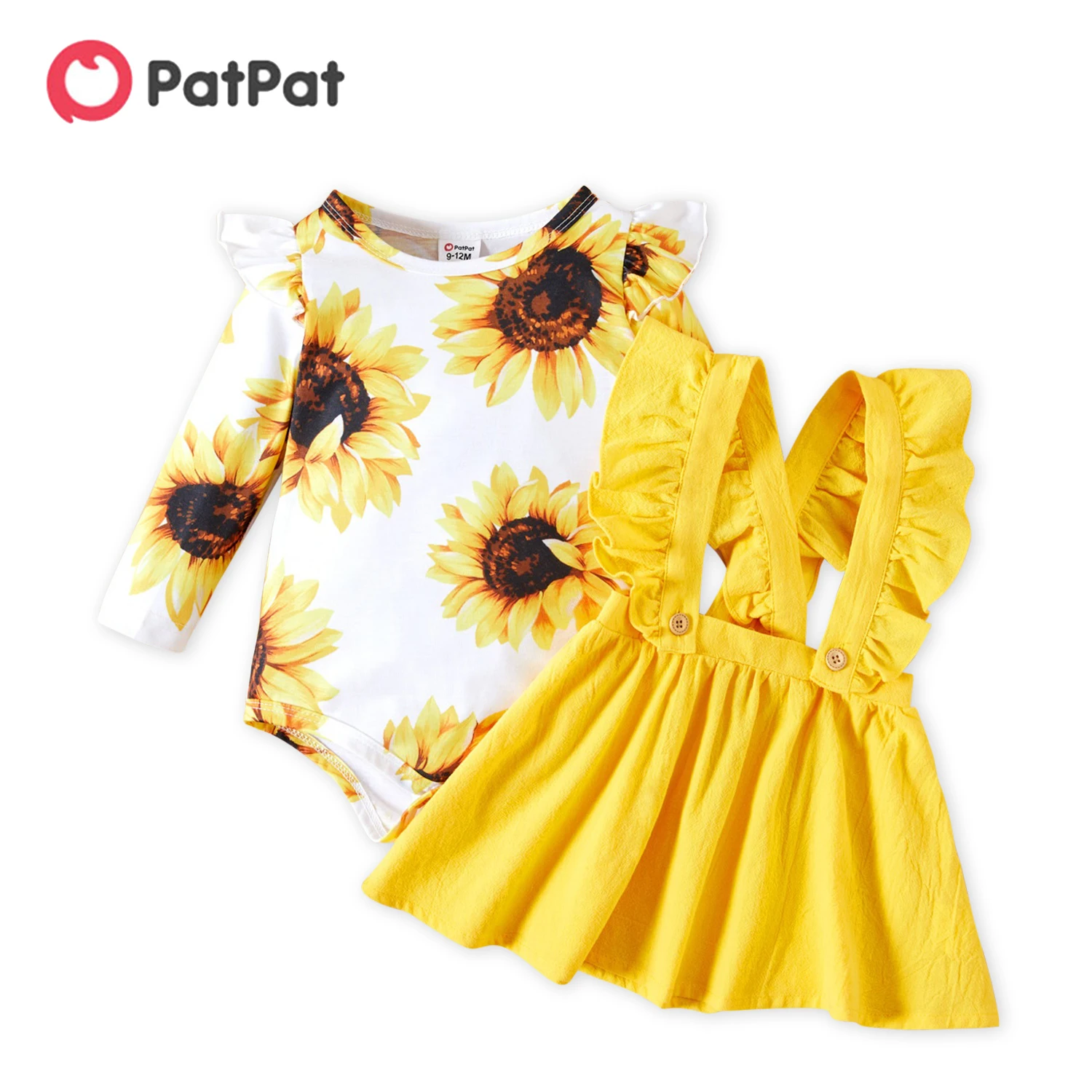 

PatPat 3-piece Baby Girl Floral Sunflower Print Long-sleeve Ruffled Bodysuit Romper, Solid Suspender Skirt and Headband Set