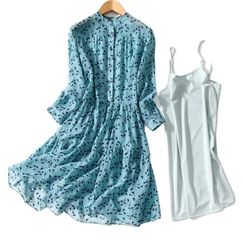 

Women Dress New Dress Women's Sling Two-piece Silk Dress Printed Long Sleeve Dress