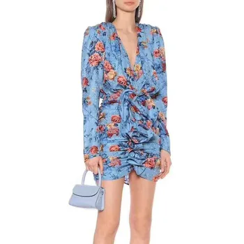 

Summer Sexy V-neck Long Sleeve Blue/Pink Floral Printed Women Dress 2020 Runway Designers Elegant Ruffles Mini Dress