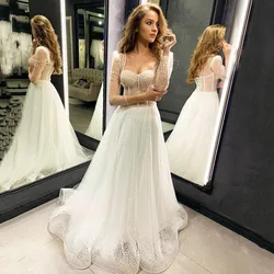SoDigne A-line Tulle Wedding Dresses 2021 Beach Bridal Wedding Gown Boho Long Sleeves Corset Princess Party Gown Plus Size