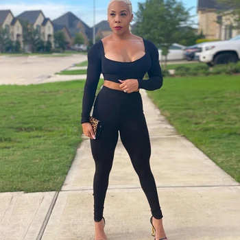 

2020 Ins Autumn Women's T-shirt Slim Long Sports Suit Big U-neck Long-sleeved Top Two-piece Leggings