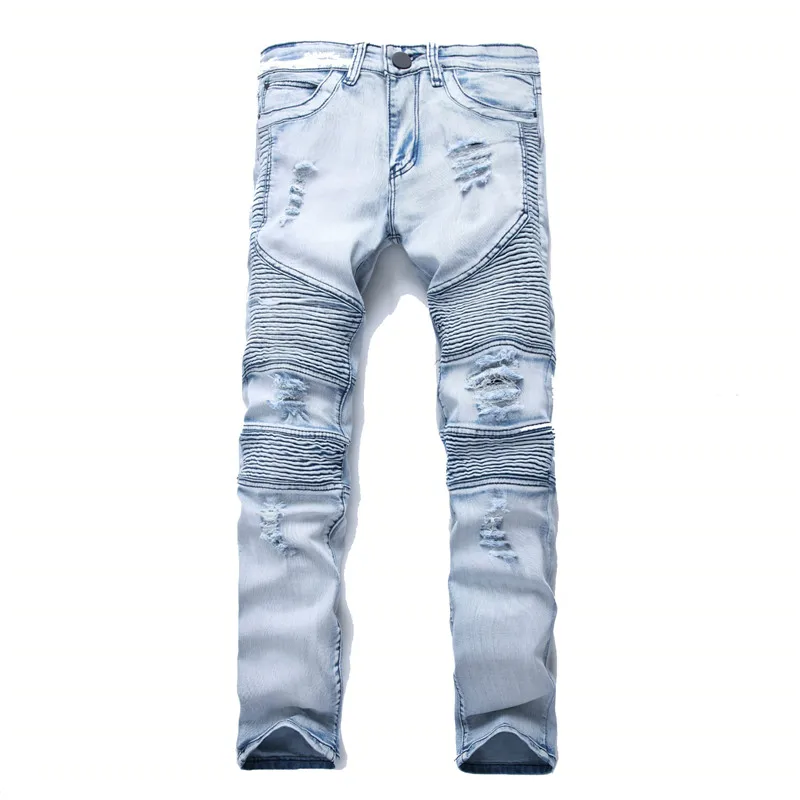 Синий Модные Для мужчин марка NEW Fashion Hi Street Рваные джинсы брюки стрейч в уличном проблемных мотоциклетные джинсовые брюки для мужчин, светло-голубой - Цвет: Синий