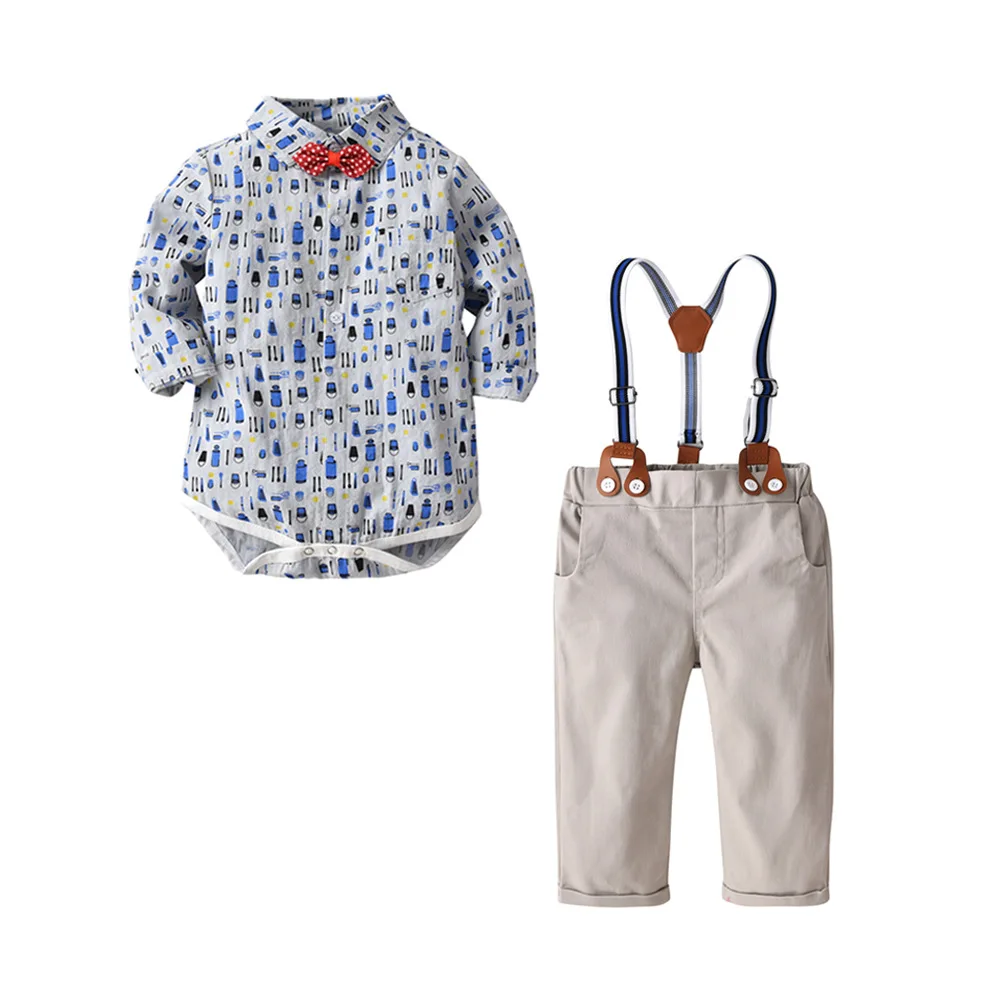 

Baby Boy Clothes Child Long Sleeve Romper+Overalls Clothing Sets Cotton Print Bow Romper 2 Pcs Set 1st Birthday Uniform Outfit