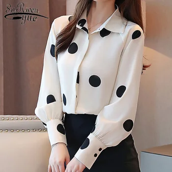 

Fashion Spring Autumn Women Shirts Loose Button Blouses White Black Women Tops Print Polka Dot Long Sleeve Shirts 6447 50
