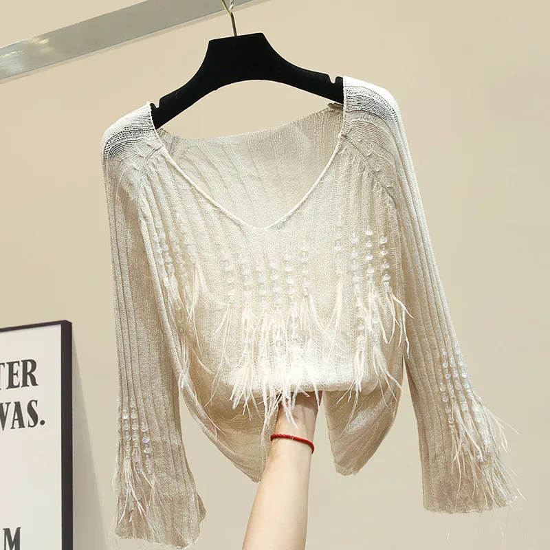 2021 Lazy Wind Knitted Sweater Womens Low-collar Feather Decorative Sweaters Female Loose Outside Pullovers Top Feminino | Женская