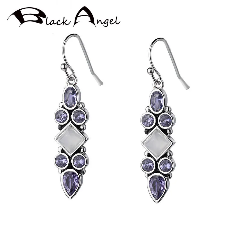 

BLACK ANGEL Vintage Thai Silver Moonstone Princess Square Gemstone 925 Drop Earrings Women Jewelry Christmas Gift