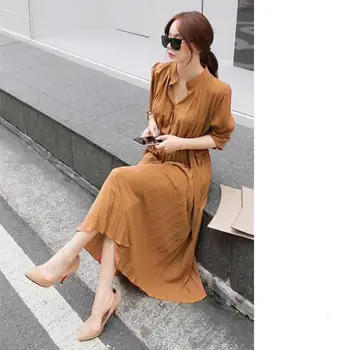 

Vintage High Waist A-Line Chiffon Dress Women Autumn Belt Pleated Party Dress Casual Long Sleeve Maxi Dress