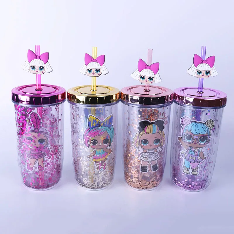 

Lol Surprise Dolls 300-400ml Cute Children Cup Sequins Color Double Plastic Straw Water Cup Cartoon Pattern Kettle Girls Gifts