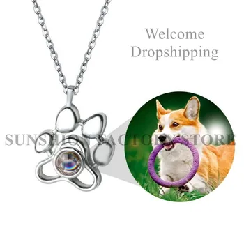 

Customized Dog Photo Projection Necklace Pet Paw Pendant keepsake Projection Memory Jewelry 100 Languages I Love You Necklace