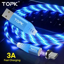 TOPK 3A течёт светильник светодиодный магнитный кабель Micro usb type C кабель передачи данных для быстрой зарядки для iPhone samsung USB-C Кабели для телефонов