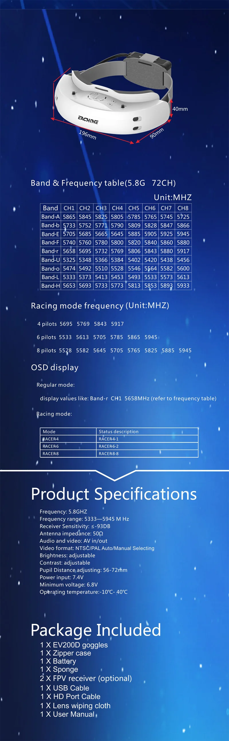 Eachine EV200D 1280*720 5,8G 72CH истинное разнообразие FPV очки HD порт в 2D/3D встроенный DVR Sup порт режим отображения ed