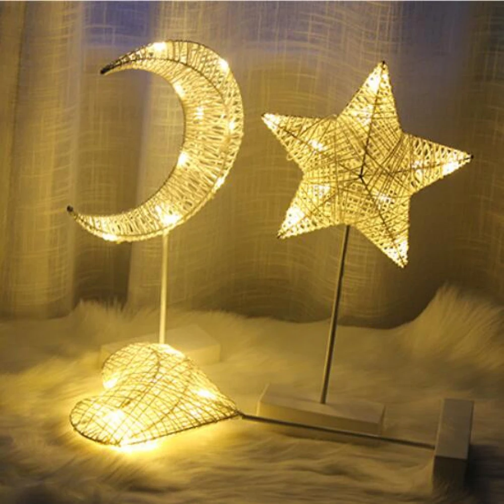 

LED Rattan Night Light Stars Love Heart Christmas Tree Table Lamp Girl Room Decoration Night Light Table Light Warm White