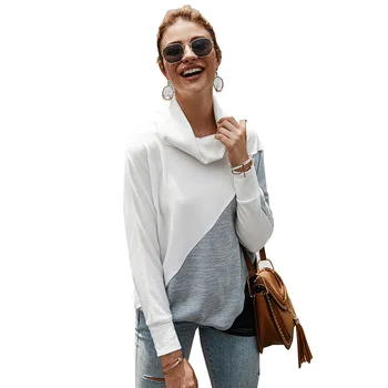 

2019 Geometric Spliced Top T-Shirt Bottom Shirt Pink White Caramel Blue Patchwork Turtleneck Long Sleeve Shirt Women