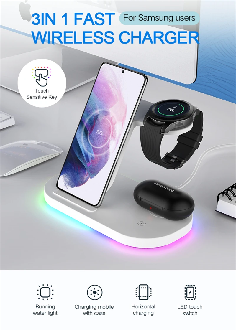 3 in 1 Wireless Chargers Stand 15W Fast Charging for Samsung Galaxy S21/S20/S10/S9 Watch 3 4/Gear S4/Active 2 Buds Pro Live usb charger