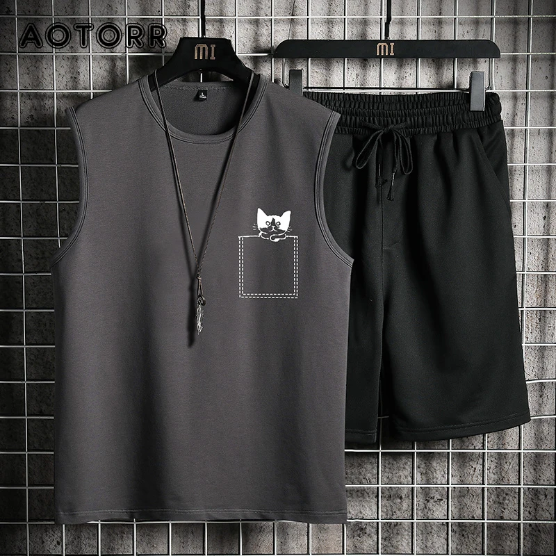 Traje deportivo informal para hombre, conjunto de pantalones cortos de secado rápido, chaleco + Pantalones cortos, chándal masculino, ropa deportiva transpirable de algodón, 3XL, 4XL, de verano