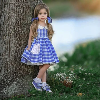 

EACHIN Girls Dresses Cute Doll Collar Girls Dress New Blue Plaid Print Sleeveess A-Line Baby Kids Dress Casual Children Clothes