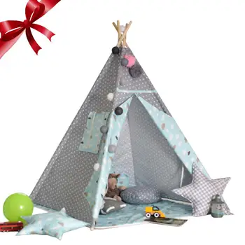 

Canvas Teepee Tent Kids Teepee Tipi with Grey Pom Poms Indian Play Tent House Children Tipi Tee Pee Tent NO MAT
