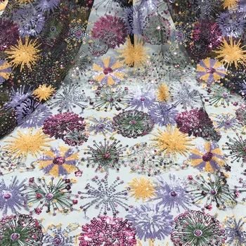 

1Yard High quality lace embroidery mesh fabric flower sequin fabric diy handmade designer women's wedding dress fabric wholesale