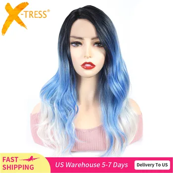 

Lace Front Synthetic Hair Wigs For Black Women X-TRESS 22inch Long Body Wave Ombre Green Blue Color Cosplay Lace Wig Side Part