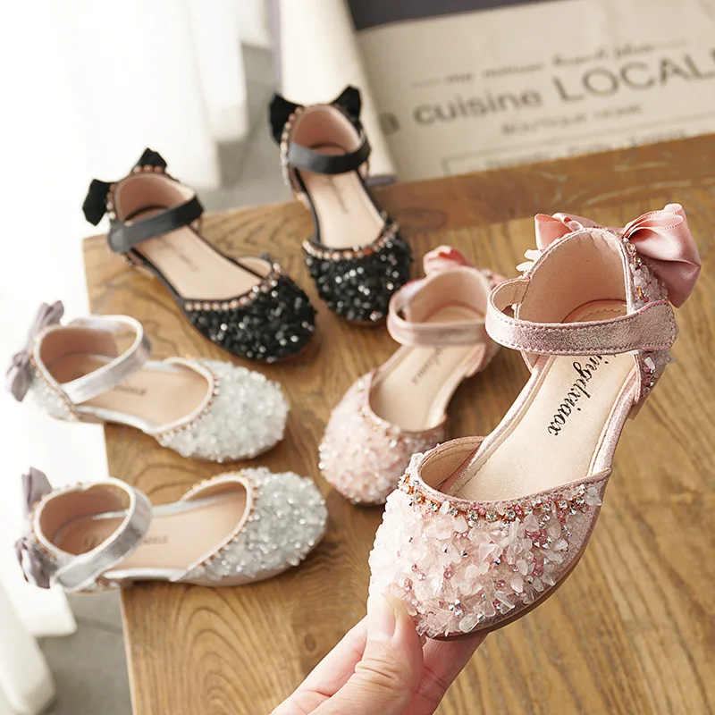 New Kids Leather Shoes Girls Wedding Shoes Children Princess Sandals Sequins Bow Girls Casual Dance Flat Sandals E462 kids shoes children sandals kids sandals