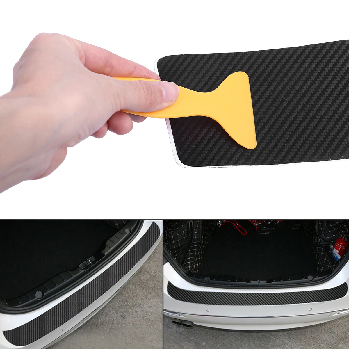 3D Black Carbon Fiber Style Trunk Sill Plate Sticker Car Rear Door Step Decoration Cover Decal With Scraper