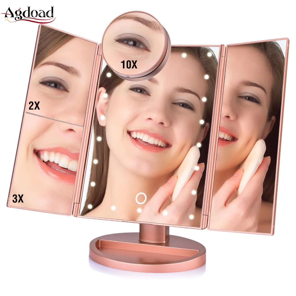 

Touch Screen 22 LED Light Adjustable Makeup Mirror 1X/2X/3X/10X Magnifying Vanity Table Desktop 3 Folding