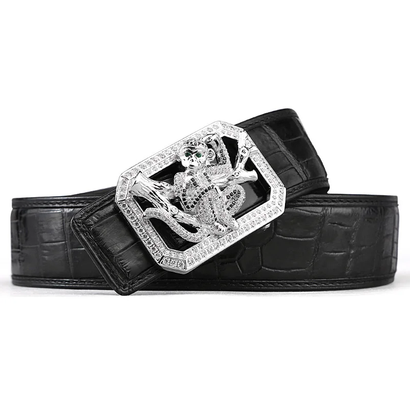 McParko Crocodile Belt Mens Leather Belts With Buckle Luxury Animal Design Genuine Leather Waist Belt with rhinestones Buckle - Цвет: Monkey black