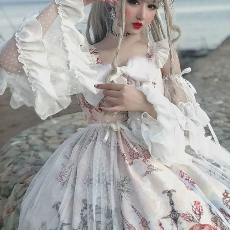 Japanese Gothic Jsk Lolita Dress Women Vintage Victorian Sleeveless Bow Princess Tea Party Dresses Girls Chic Print lolita dress