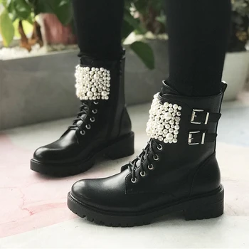 

[GOGD] Winter Women Bead Flat Zipper Ankle Boots Pearl Round Toe with Decoration