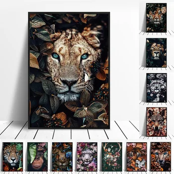 

Animal in flowers Canvas Painting wall art Lion poster Tiger Elephant Elk Orangutan picture Modern Classical Decorative Painting
