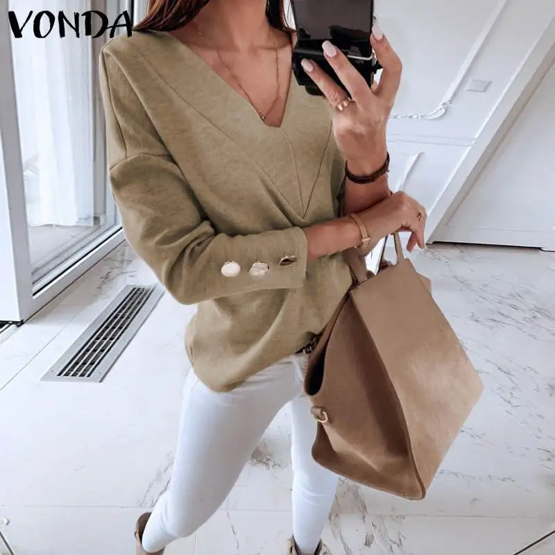 

VONDA Long Sleeve Autumn Blouses 2020 Women Sexy Deep V Neck Solid Color Shirts Femme Bohemian Streetwear S-5XL Loose Tops