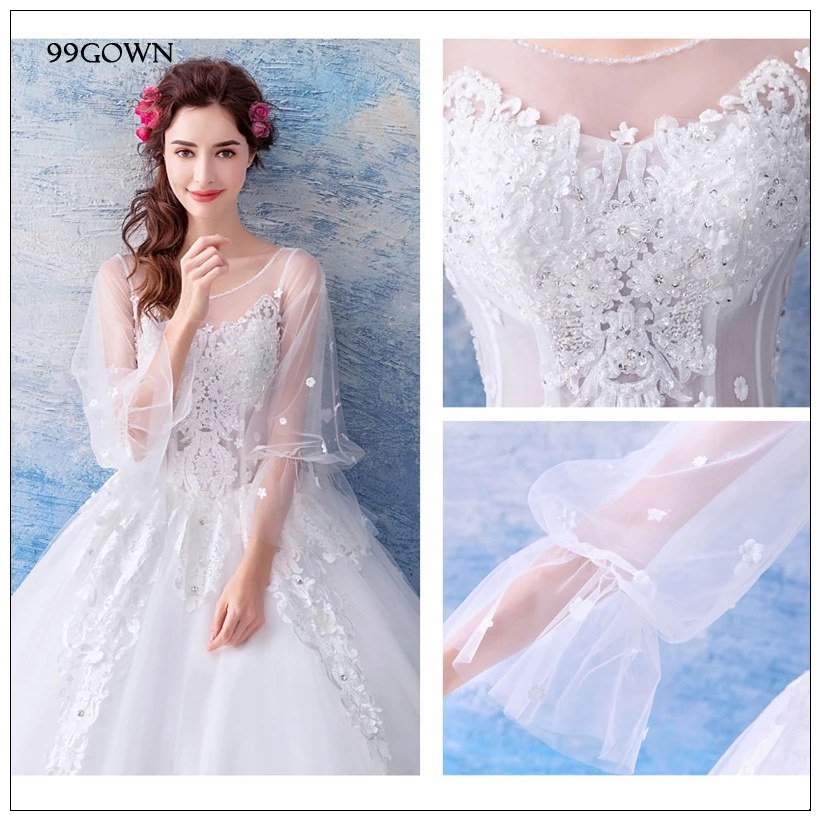 99GOWN, простое 2019 свадебное платье для женщин, рукав три четверти, расклешенный рукав, а-силуэт, Свадебное бальное платье, вышивка на