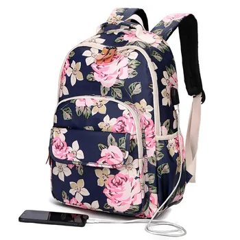 

New Floral Print USB Charging Backpacks Women School Bag Backpack for Teenage Girls Mochila Casual Travel Female Daily Bagpack