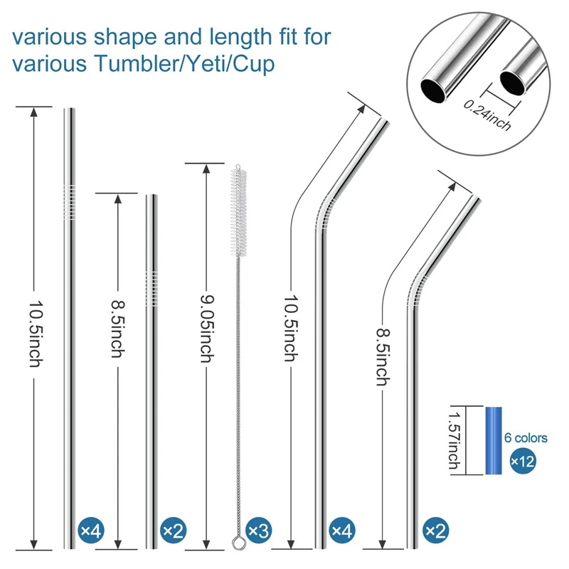 Stainless Steel Straws Reusable Drinking Straws For 30Oz&20Oz Tumbler,10.5 Inch 8.5 Inch Metal Straws With 12 Soft Silicone Tips