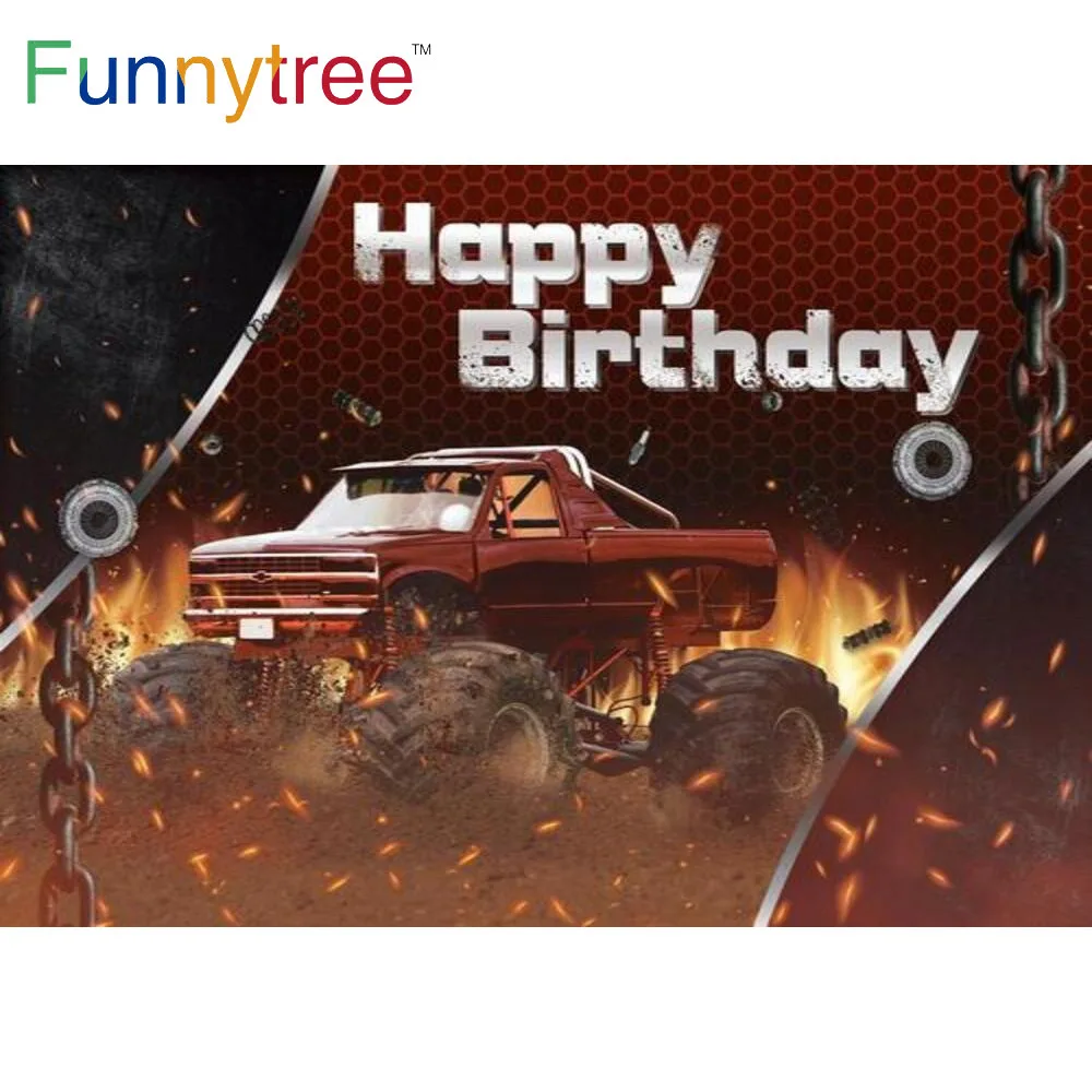 

Фон Funnytree для фотосъемки в день рождения мальчика, вечеринки, пожарная машина, тематические колеса, железная цепь, баннер, черный, красный