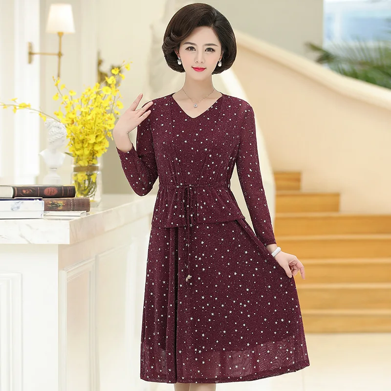 

2019 Middle-aged WOMEN'S Apparels Spring And Autumn Elegant Two-Piece Dress Korean-style Slim Fit Long Sleeve Mom New Style Long