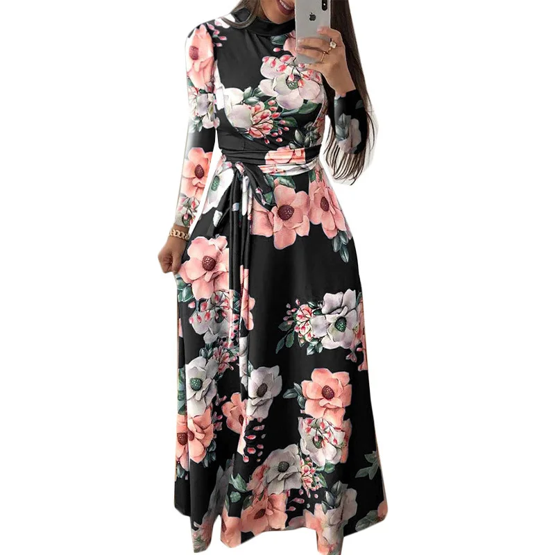 Women Summer Dress 2020 Casual Short Sleeve Long Dress Boho Floral Print Maxi Dress Turtleneck Bandage Elegant Dresses Vestido