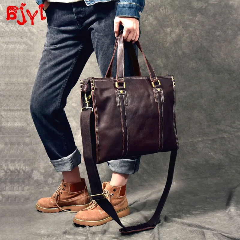 Best Vintage handmade leatehr men #039;s handbags high grade leather men business shoulder messenger bag male leather computer briefcase