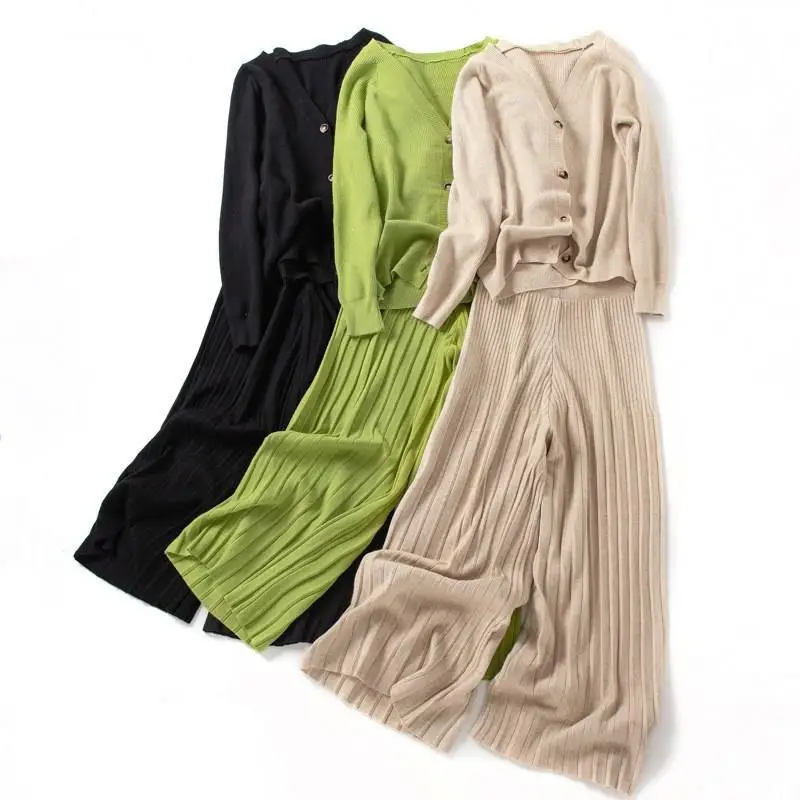 V образным вырезом сплошной кардиган свитер комплект из двух предметов для женщин вязаный Топ широкие брюки костюм свободные наряды для отдыха