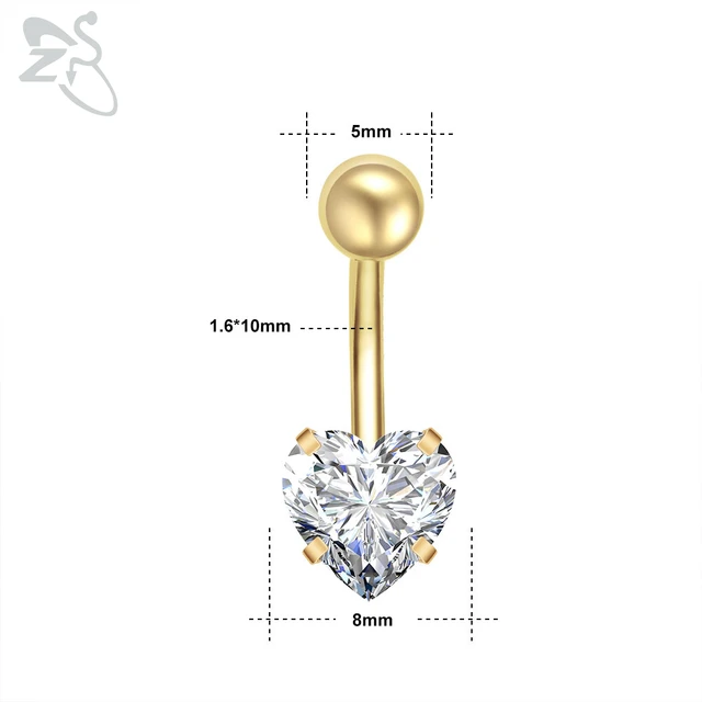 ZS 1 Piece Gold Color Stainless Steel Belly Ring Flower Heart CZ Crystal Navel Belly Button Rings Butterfly Navel Piercings 14G Style 6