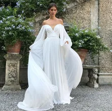New Off the Shoulder Boho Chiffon Bride Wedding Dress Long Sleeves Pleated Beach Bridal Gown Robe de Mariage Vestidos Noiva