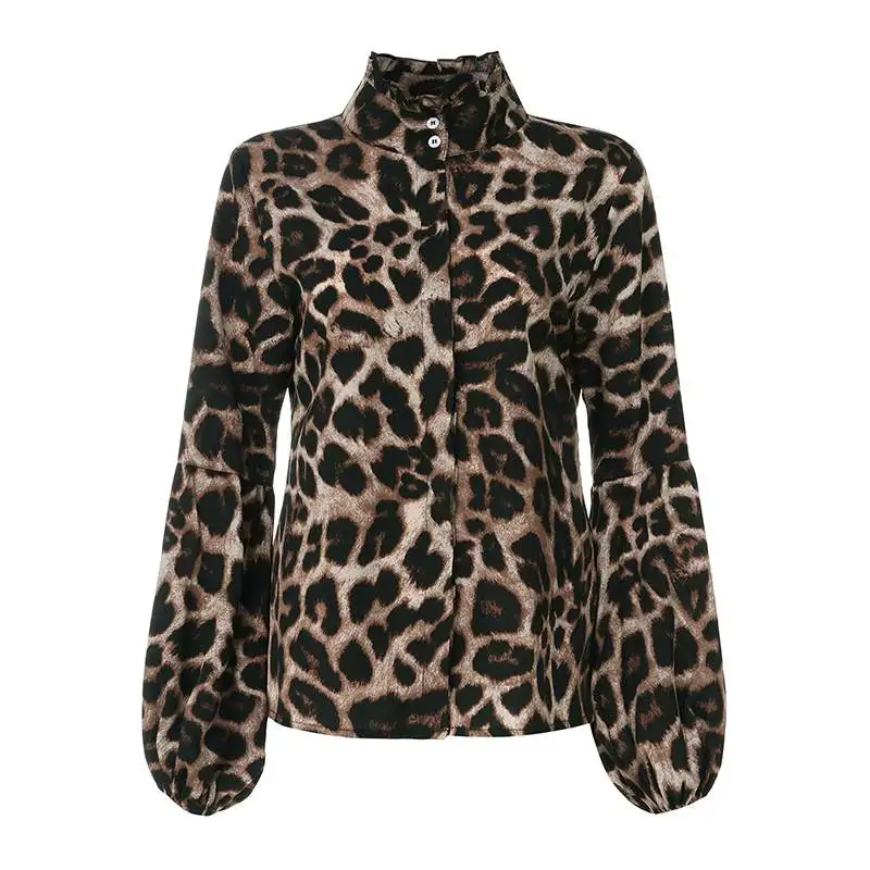Модная рубашка с длинным рукавом-фонариком, женская сексуальная блуза с леопардовым принтом, осень, высокая горловина, Повседневная Свободная блуза размера плюс, Топ - Цвет: Хаки