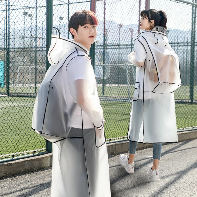 

2023 New Waterproof Transparent Eva Clear Long Ladies Raincoats Women Men Fashion Rain Coat Jackets Hooded With Schoolbag space